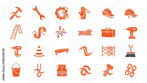 Construction Icon Collection: A meticulously curated set of icons representing diverse elements essential to construction, from tools and safety gear to equipment.