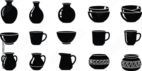 Black and white silhouette collection of various ceramic vessels and containers