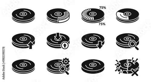 Black vinyl records, vinyl record icons, record collection, music symbols, 12 icons