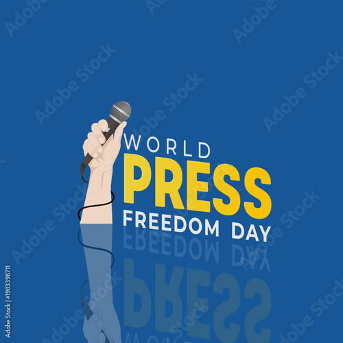 World Press Freedom Day poster with  illustration of a hand holding a microphone on blue background