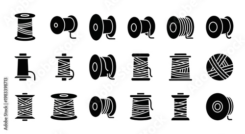 Spool, thread, yarn, icon set, sewing, embroidery, 20 black and white illustrations