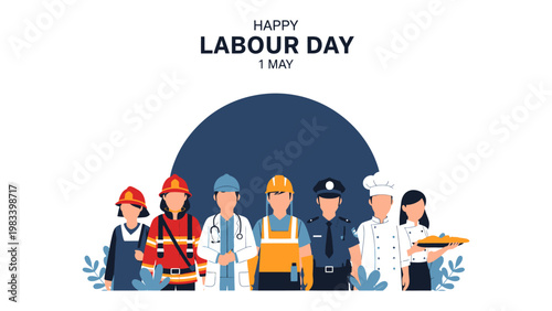 Happy Labour Day: A vibrant illustration depicts a diverse group of individuals representing various professions, all united in celebrating Labour Day.