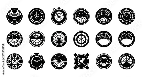 Mechanical gear icons, industrial symbols, black vector set, 20 elements, gearwheel illustrations, machinery graphics