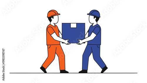 Delivery Team Collaboration: Two workers in safety gear diligently coordinate their movements to transport a cardboard box, embodying the essence of teamwork and logistic efficiency.