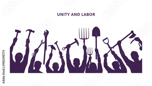 Labor Day Solidarity: A unified display of silhouettes, raising tools and implements high, symbolizing the strength and solidarity of the labor force.