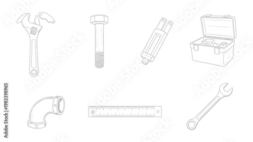 Essential Tool Collection: A precise assembly of fundamental tools, meticulously displayed against a plain background, illustrating the core implements for building and repair work.