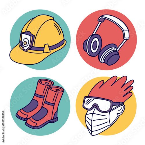 Industrial safety equipment set including protective yellow hard hat earmuffs rubber boots and face mask icons for occupational health compliance.