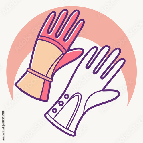 Elegant pair of long gloves, one in peach and coral shades and other in outline style with decorative buttons for coloring activity.