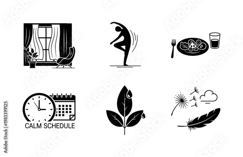 Minimalist lifestyle symbols: healthy eating, fitness, nature, time management, and relaxation