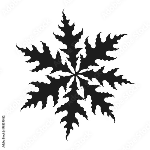 Intricate black silhouette of a snowflake with six sharp, ornate points, resembling a stylized leaf or star, symbol of winter and uniqueness.
