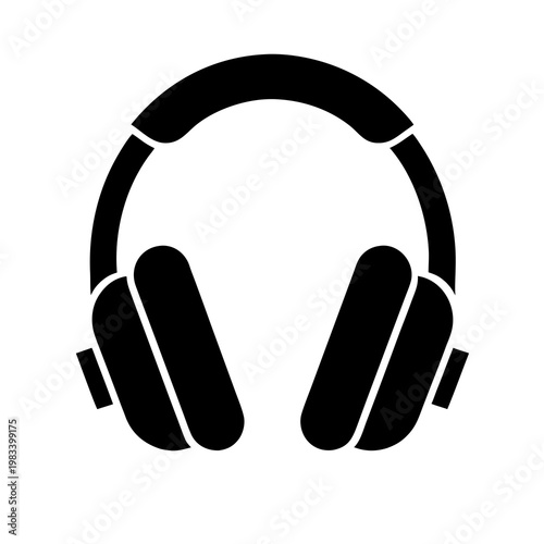 Black silhouette of over ear headphones with padded headband and earcups, isolated on white background, modern audio equipment for music listening.