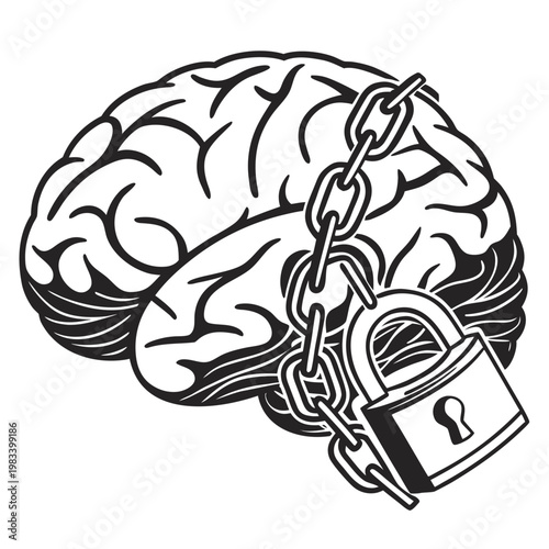 Human brain wrapped in metal chains with locked padlock representing mental blockage restricted thinking or lack of freedom in thoughts and ideas icon.