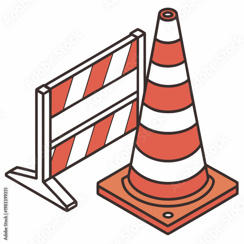 Large orange traffic pylon and small striped roadblock panel for road maintenance safety and vehicle guidance in isometric vector illustration style.