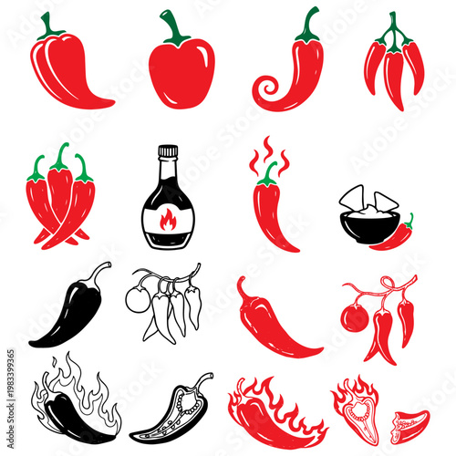 Hot chili peppers and spicy sauce bottle doodle silhouette pack
