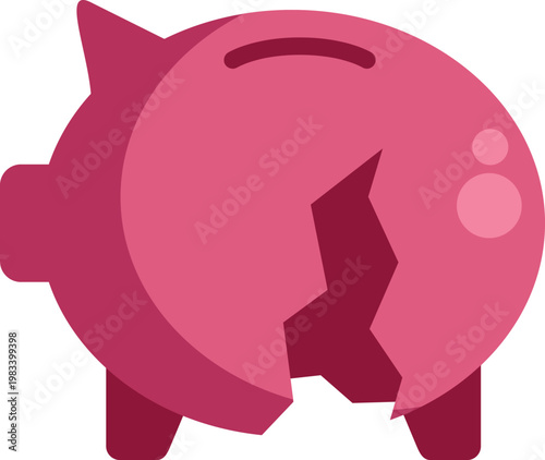 Cracked pink piggy bank illustrating financial problems, debt, or savings crisis