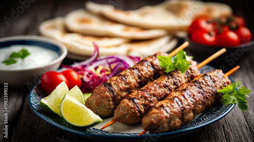 Grilled meat kebabs served on a platter with flatbread red onions tomatoes and lime slices