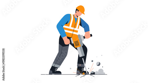 Construction Worker at Work: An illustration depicting a construction worker vigorously operating a jackhammer, breaking through rock on a construction site, focused and determined on their task.