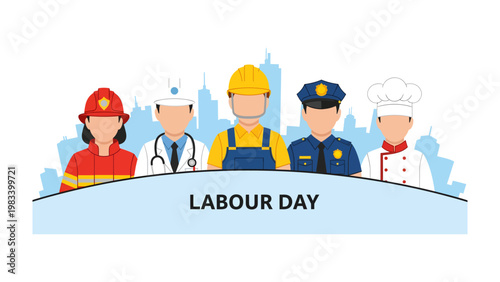 Labor Day Tribute: A visual tribute to workers, depicting various professions with skyline as backdrop.