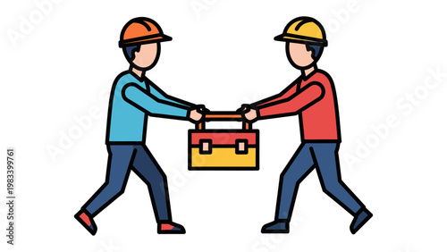 Teamwork in Construction: Two construction workers working together to carry a toolbox, emphasizing collaboration and joint effort within the construction industry.