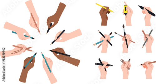 Vector Illustration of Diverse Hands Holding Writing, Drawing, and Painting Tools such as Pencils, Markers, and Brushes for Creative, Artistic, and Educational Designs