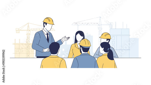 Blueprint Brainstorm: A construction team meeting on-site, discussing blueprints with the cityscape visible in the background. Illustrating the teamwork.