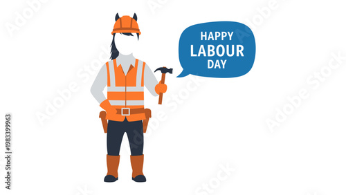 Labour Day Appreciation: A construction worker stands proudly, hammer in hand, a speech bubble celebrates labour day, symbolizing hard work and dedication.