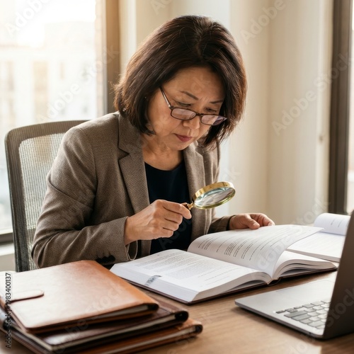Eine Person prüft mit einer Lupe Unterlagen