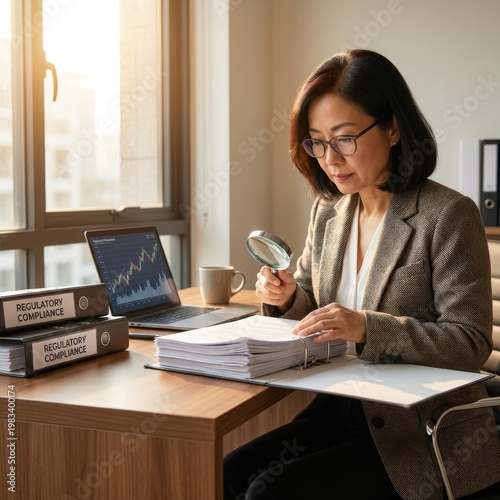Eine Person prüft mit einer Lupe Unterlagen