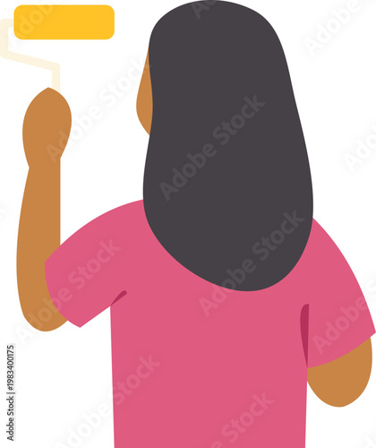 Rear view illustration of woman painting a wall with a yellow roller on white background