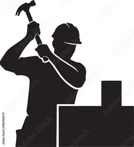 Construction worker using hammer silhouette for labor and industry