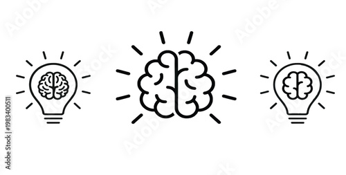 Light bulb with brain icon collection. Creative idea generation, innovation, knowledge and smart solution concept