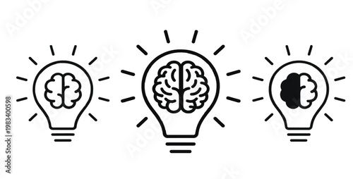 Light bulb with brain icon collection. Creative idea generation, innovation, knowledge and smart solution concept