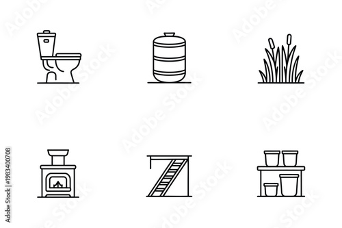 Collection of vector icons for home and industrial elements: toilet tank reeds