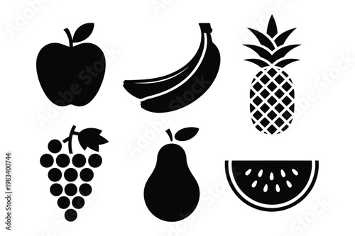 Set of vector fruit icons: apple banana pineapple grapes pear watermelon