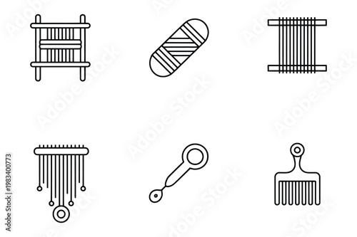 Vector icons for weaving and textile crafts: loom yarn needle comb shuttle