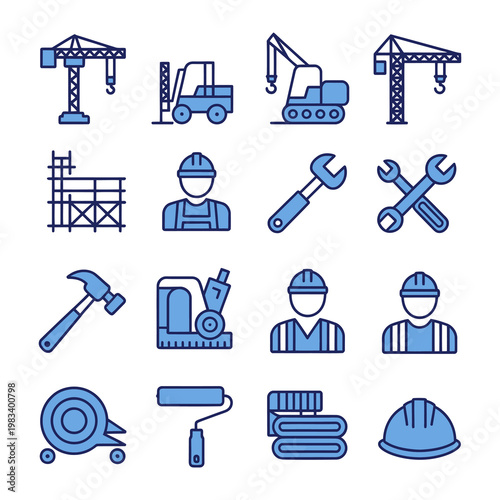 Construction Icons: A collection of meticulously crafted, modern construction icons in a clean, uncluttered style, perfect for illustrating various aspects of the building industry.