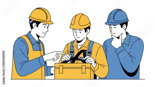 Collaboration and Expertise: A team of skilled technicians huddle around a toolbox, sharing insights and expertise, fostering teamwork and achieving common goals