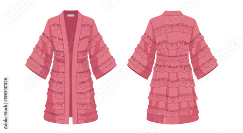 Chic salmon pink tiered ruffle robe vector illustration displaying front and back views soft fabric for lounge fashion apparel design concept