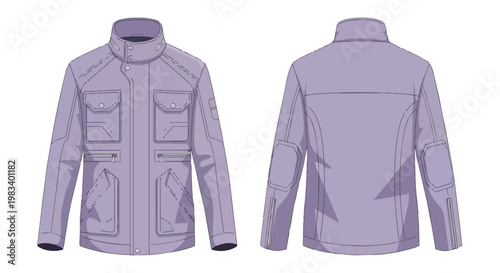 Detailed technical drawing of a contemporary men's utility jacket featuring multiple pockets and elbow patches presented in a light purple hue for