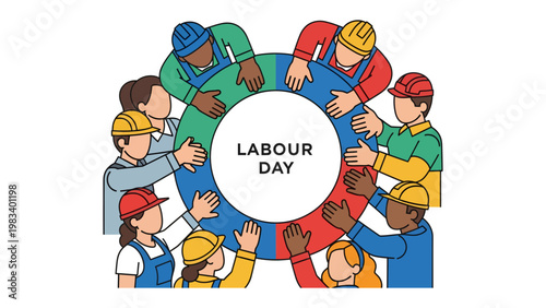 Labor Day Unity: A diverse group of workers, united in solidarity, join hands around a colorful wheel with Labor Day inscribed within, symbolizing unity and strength.