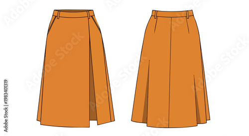 Detailed technical illustration of a women's contemporary midi A-line skirt with front slit and pleated back view, ideal for fashion design and
