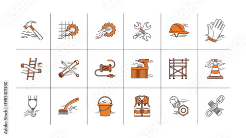 Construction Toolbox: A comprehensive collection of illustrated icons represents an array of essential tools, symbolizing the meticulous work and precision involved in the art of construction. 
