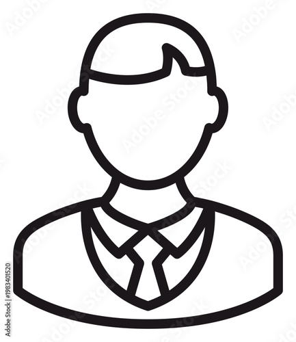 Professional businessman vector icon illustration featuring a male avatar in a suit and tie, minimalist black line art symbol for corporate identity, employee profile, and management concepts.
