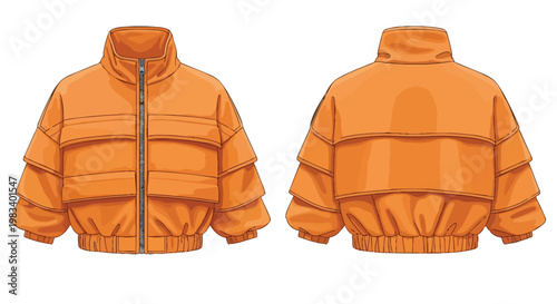 Vibrant orange puffer jacket illustration showcasing a contemporary design from front and back views for casual winter warmth. A stylish outerwear