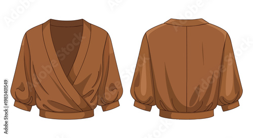 Stylish autumnal women's top featuring a flattering v-neck wrap silhouette and comfortable voluminous sleeves perfect for a relaxed yet chic