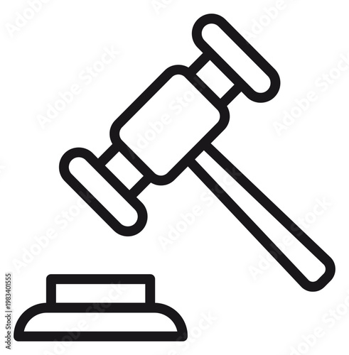 Minimalist black line vector icon of a judge's gavel and sound block, symbolizing law, justice, legal proceedings, courtrooms, and auctions, scalable illustration isolated on a white background.