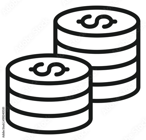 Black line art vector icon illustration of two stacks of dollar coins. Minimalist symbol representing money, finance, banking, savings, wealth, profit, and investment. Scalable graphic design.