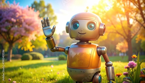 Friendly Robot Waving Hello in a Sunny Spring Meadow.