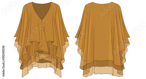 Elegant layered chiffon poncho blouse technical flat drawing in warm amber tone. Loose-fitting V-neck tunic design with draped asymmetrical hem