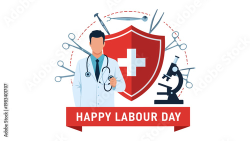 Labor Day Tribute: A dedicated healthcare professional, stands as a symbol of compassion and expertise in this celebratory design, surrounded by essential medical tools, all in honor of Labor Day.